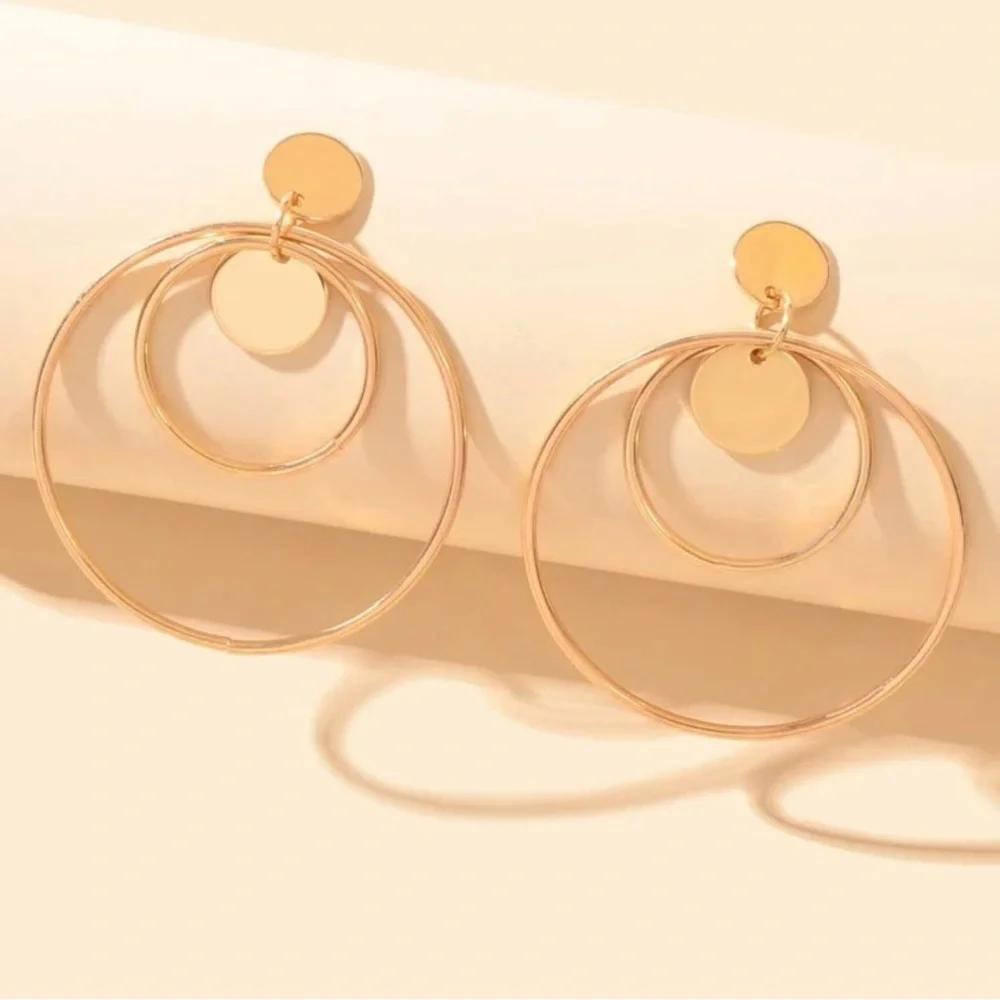 Gold Tone Concentric Hoop Drop Earrings